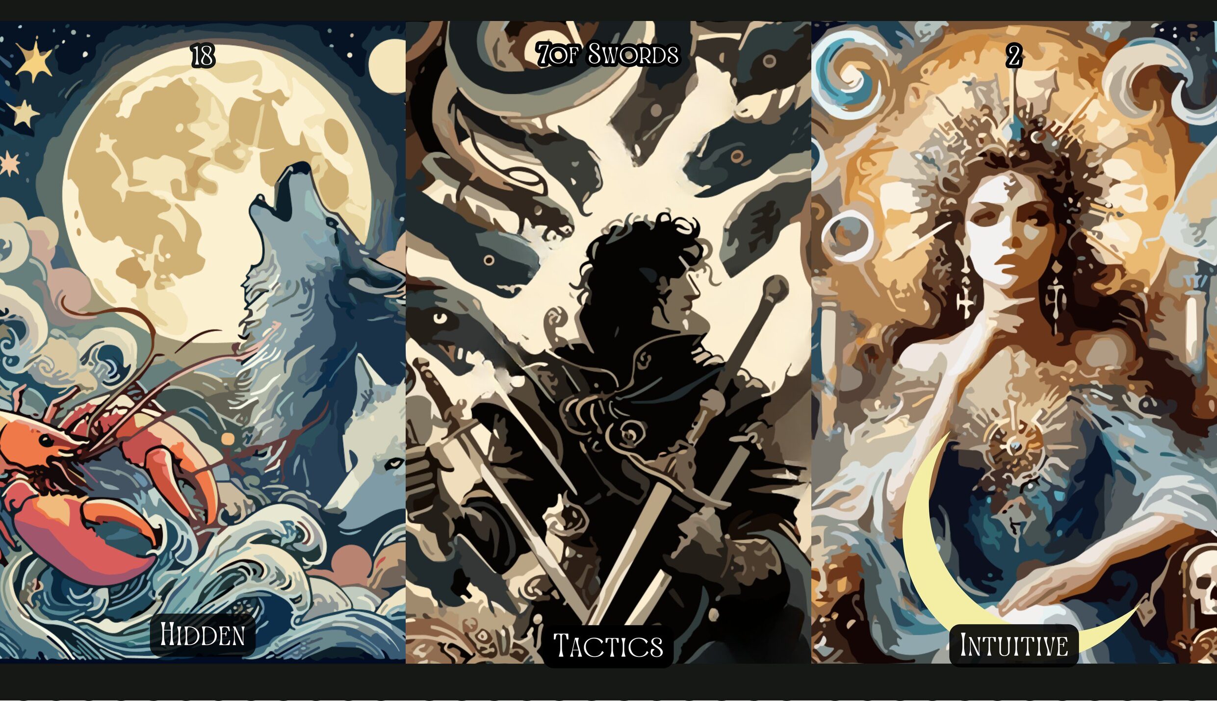 The Moon + Seven of Swords + The High Priestess