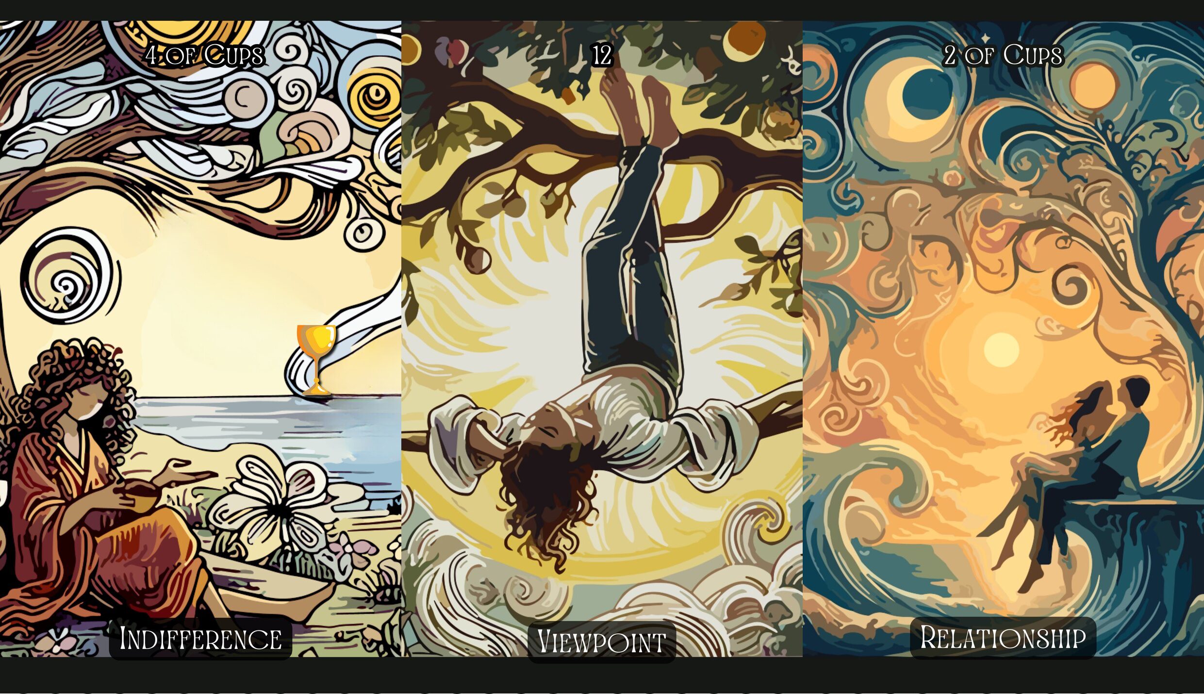 Four of Cups + The Hanged Man + Two of Cups