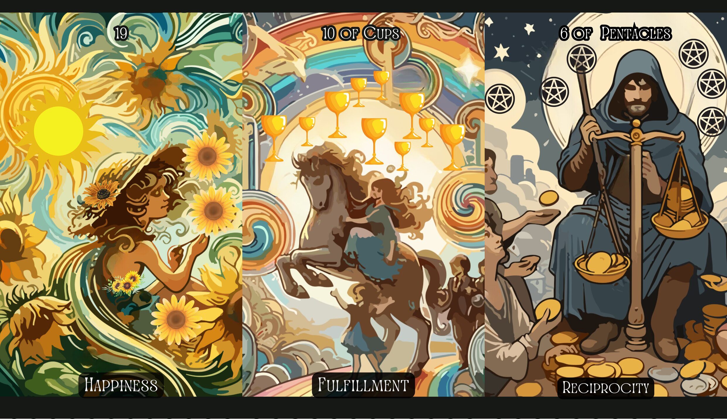 The Sun + Ten of Cups + Six of Pentacles