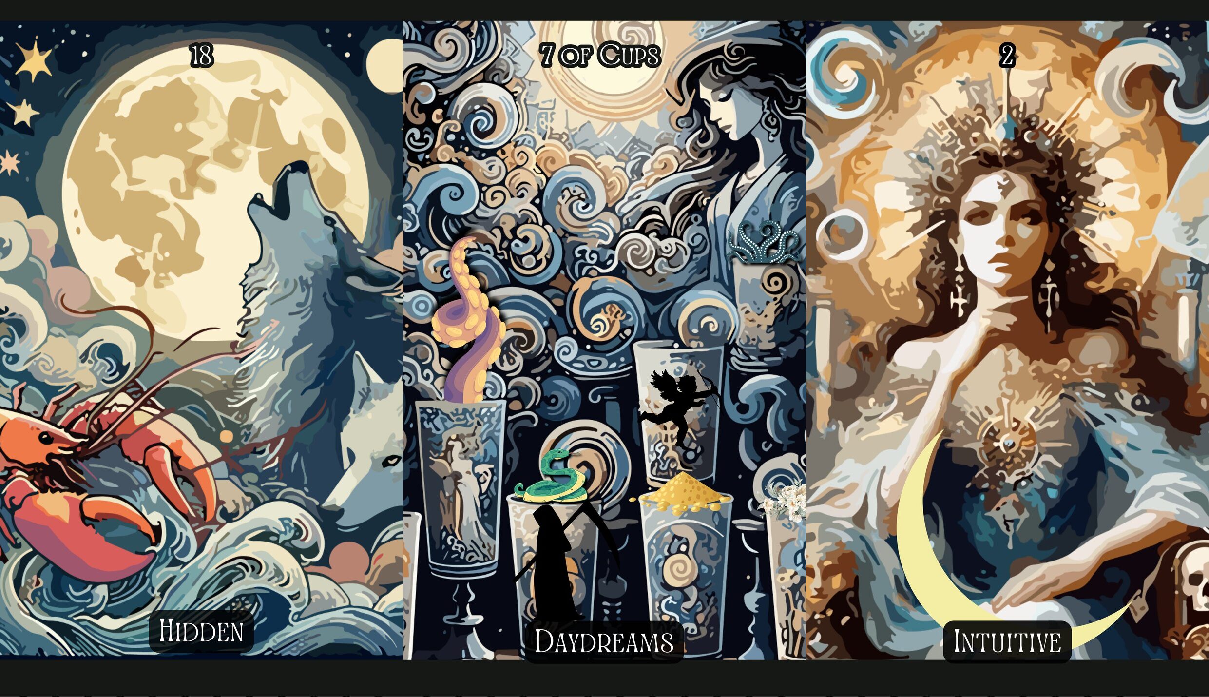 The Moon + Seven of Cups + The High Priestess