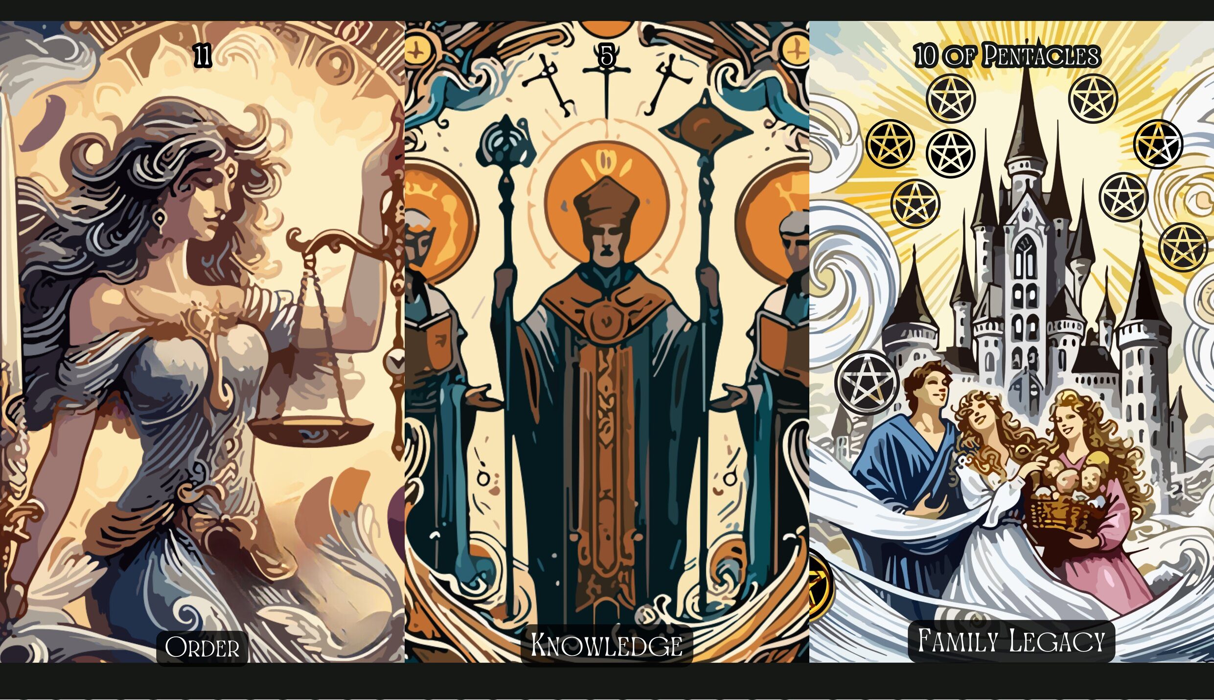 Justice + The Hierophant + Ten of Pentacles
