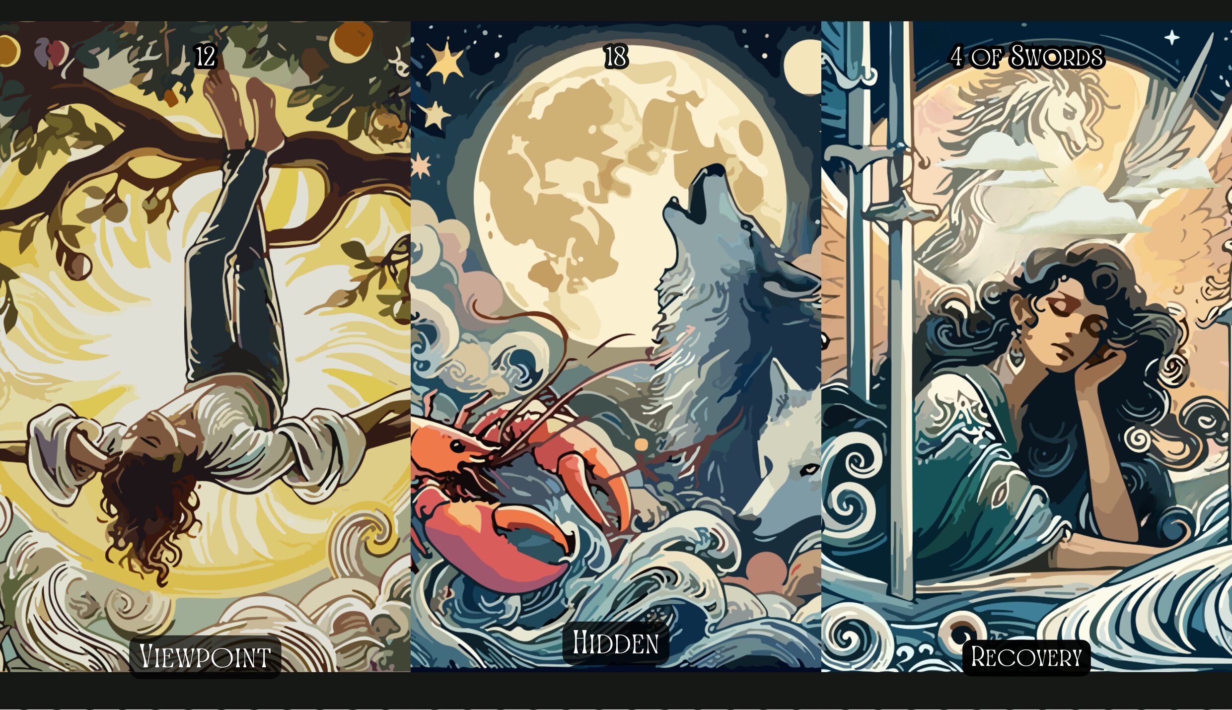 The Hanged Man + The Moon + Four of Swords