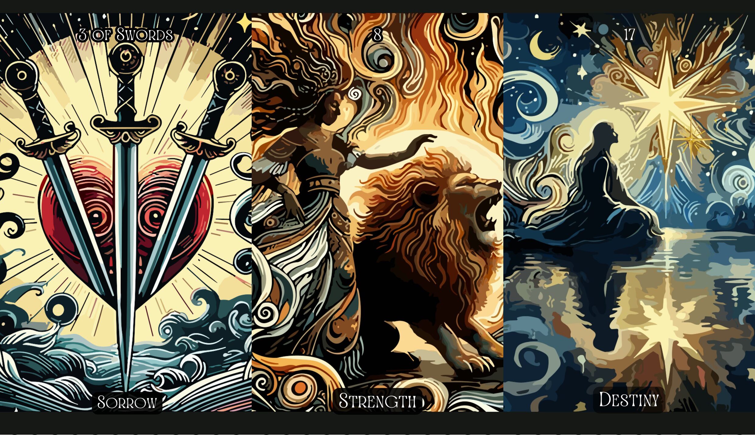Three of Swords + Strength + The Star