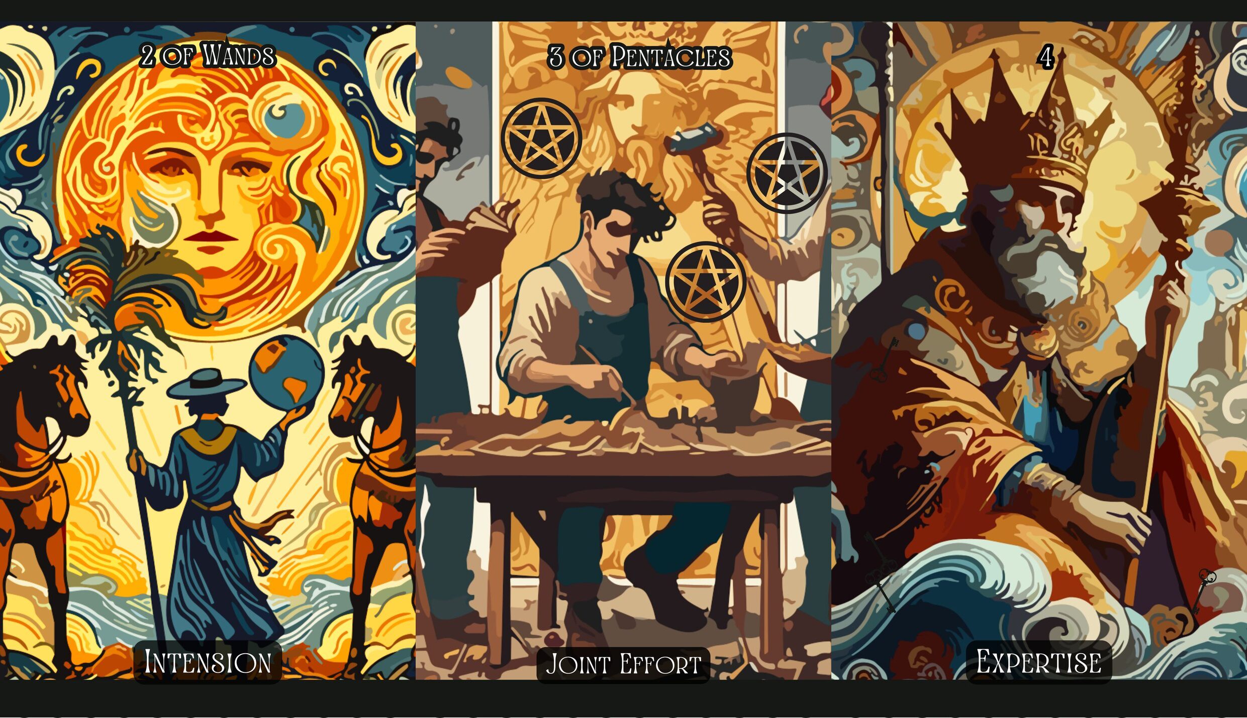 Two of Wands + Three of Pentacles + The Emperor