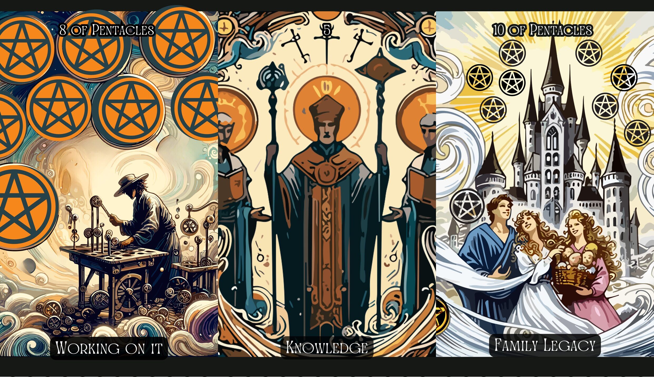 Eight of Pentacles + The Hierophant + Ten of Pentacles