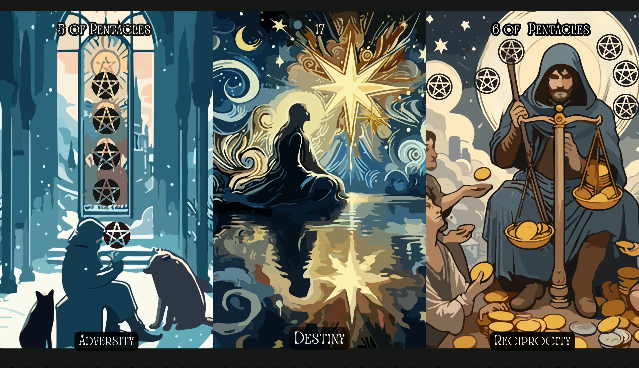 Five of Pentacles + The Star + Six of Pentacles