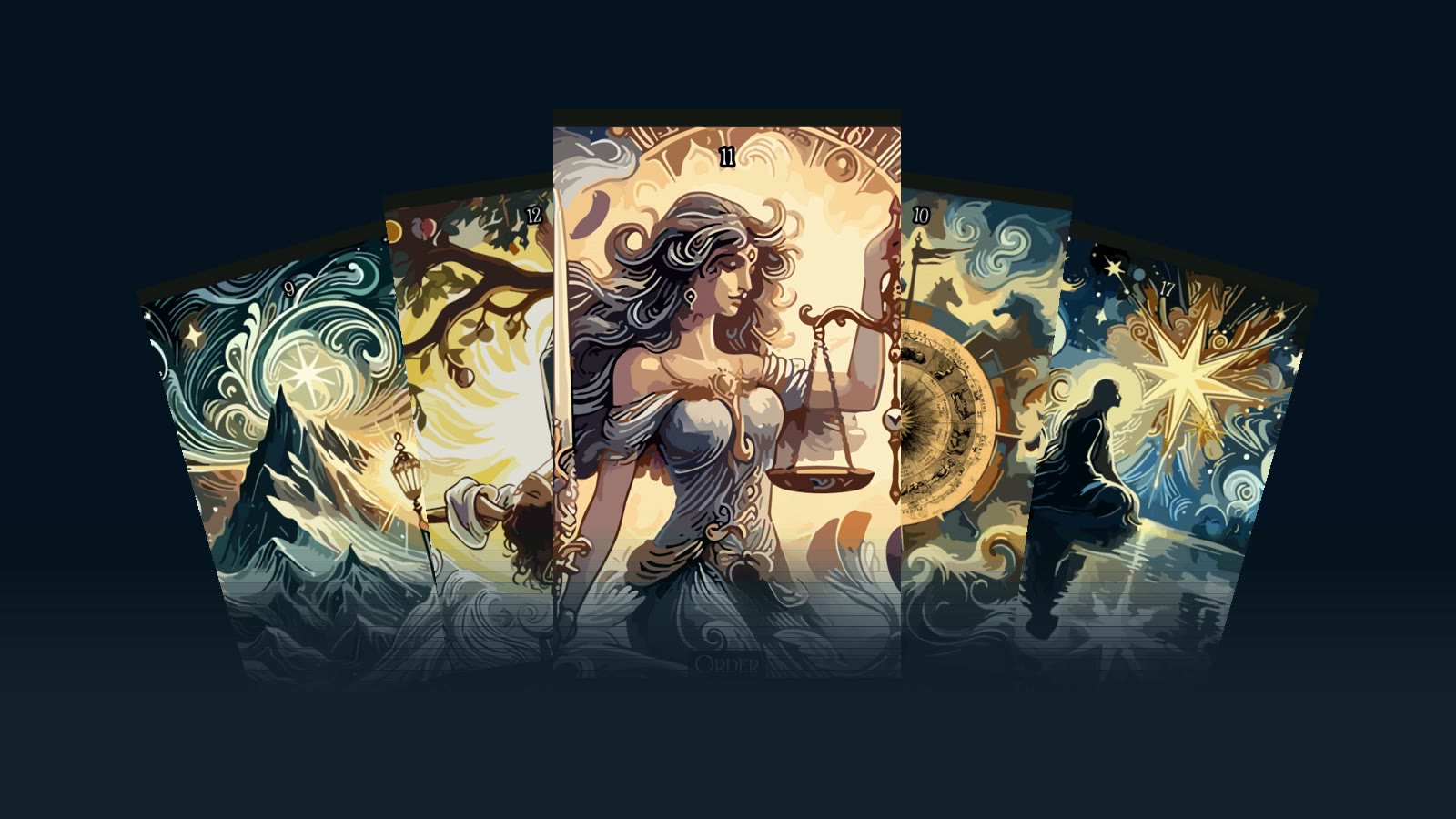 Five Swirl Tarot cards fanned, Order in front
