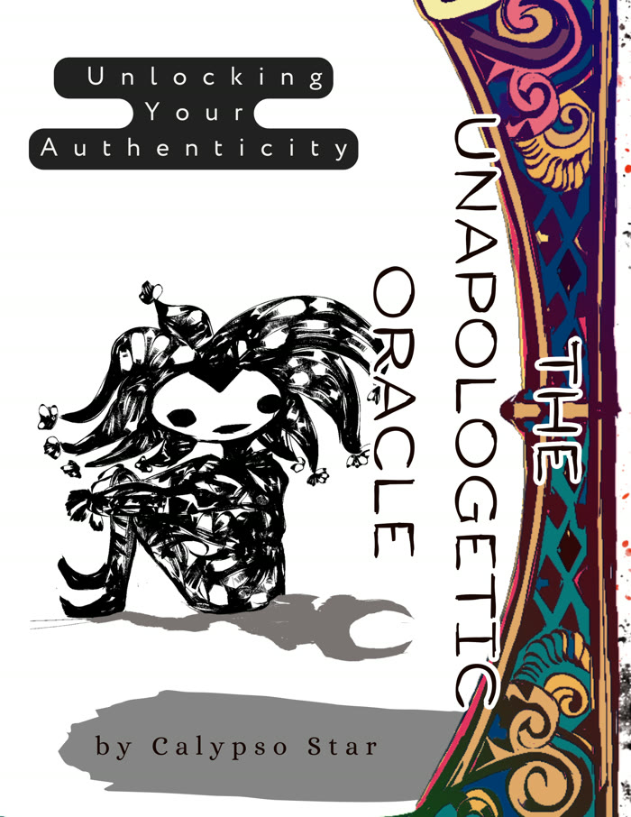 The Unapologetic Oracle book cover: the jester standing against the gold and teal frame, Unlocking Your Authenticity