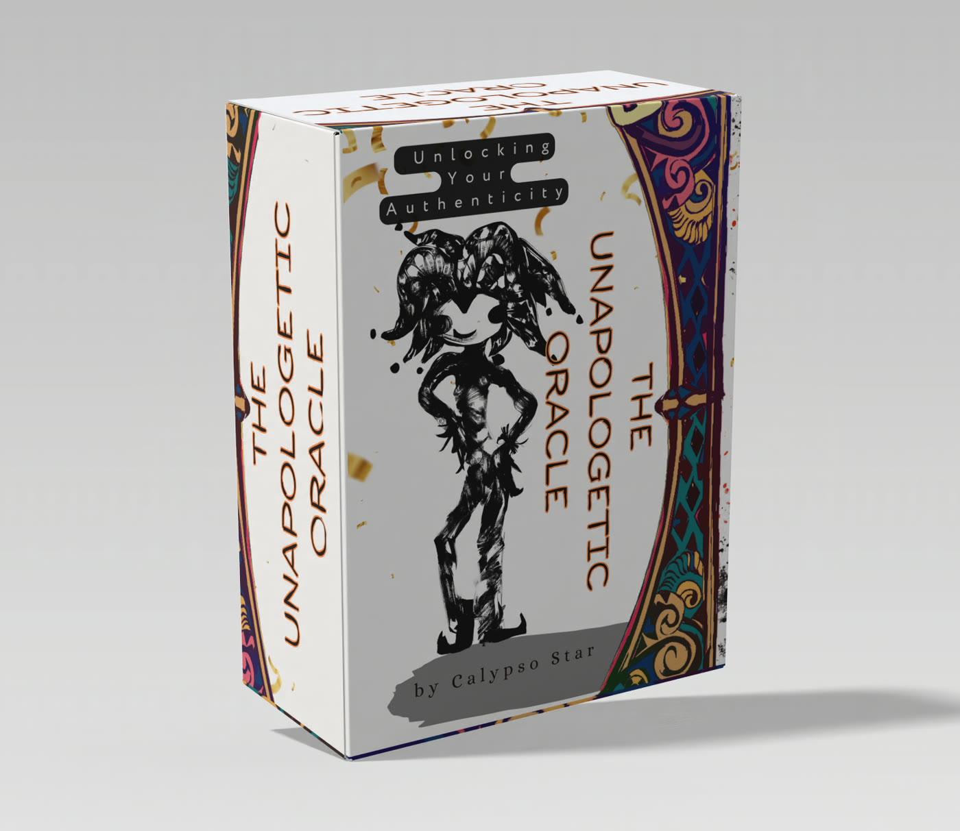 The Unapologetic Oracle deck box: the jester standing, hands on hips, against the gold and teal frame