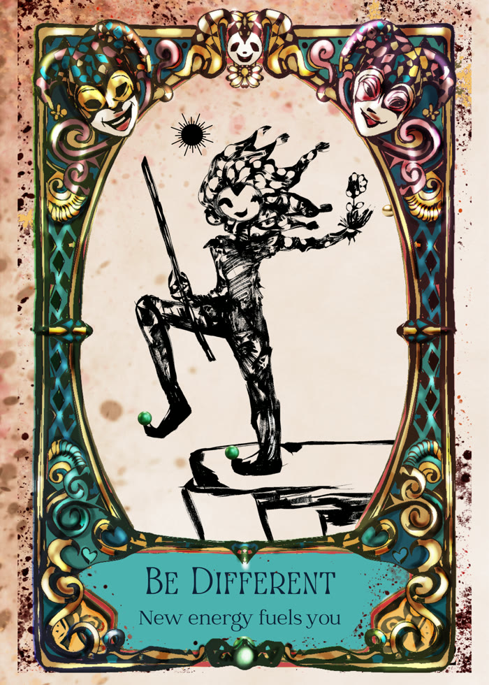 Be Different: new energy fuels you. The jester on a stack of boxes with a green ball.