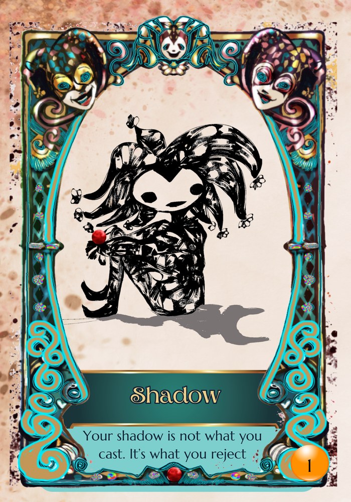 Shadow: your shadow is not what you cast, it's what you reject. The jester, seated, with a red ball.