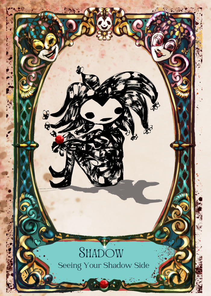 Shadow: seeing your shadow side. The jester, seated, with a red ball.