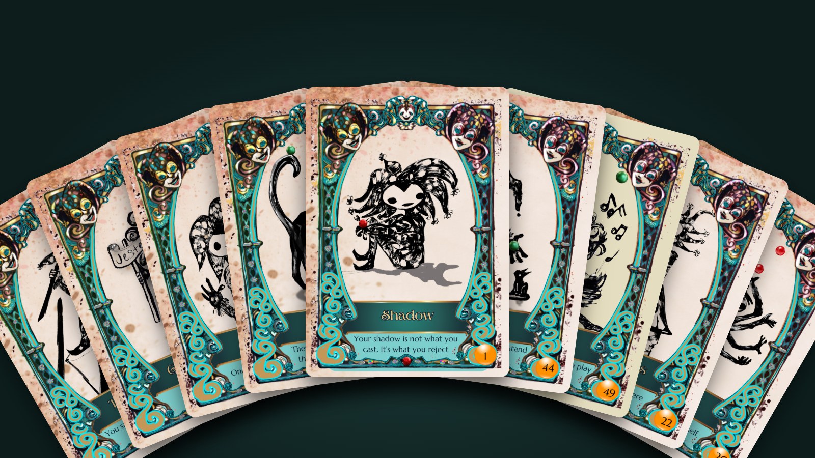 The Unapologetic Oracle cards fanned, the jester's Shadow card in front