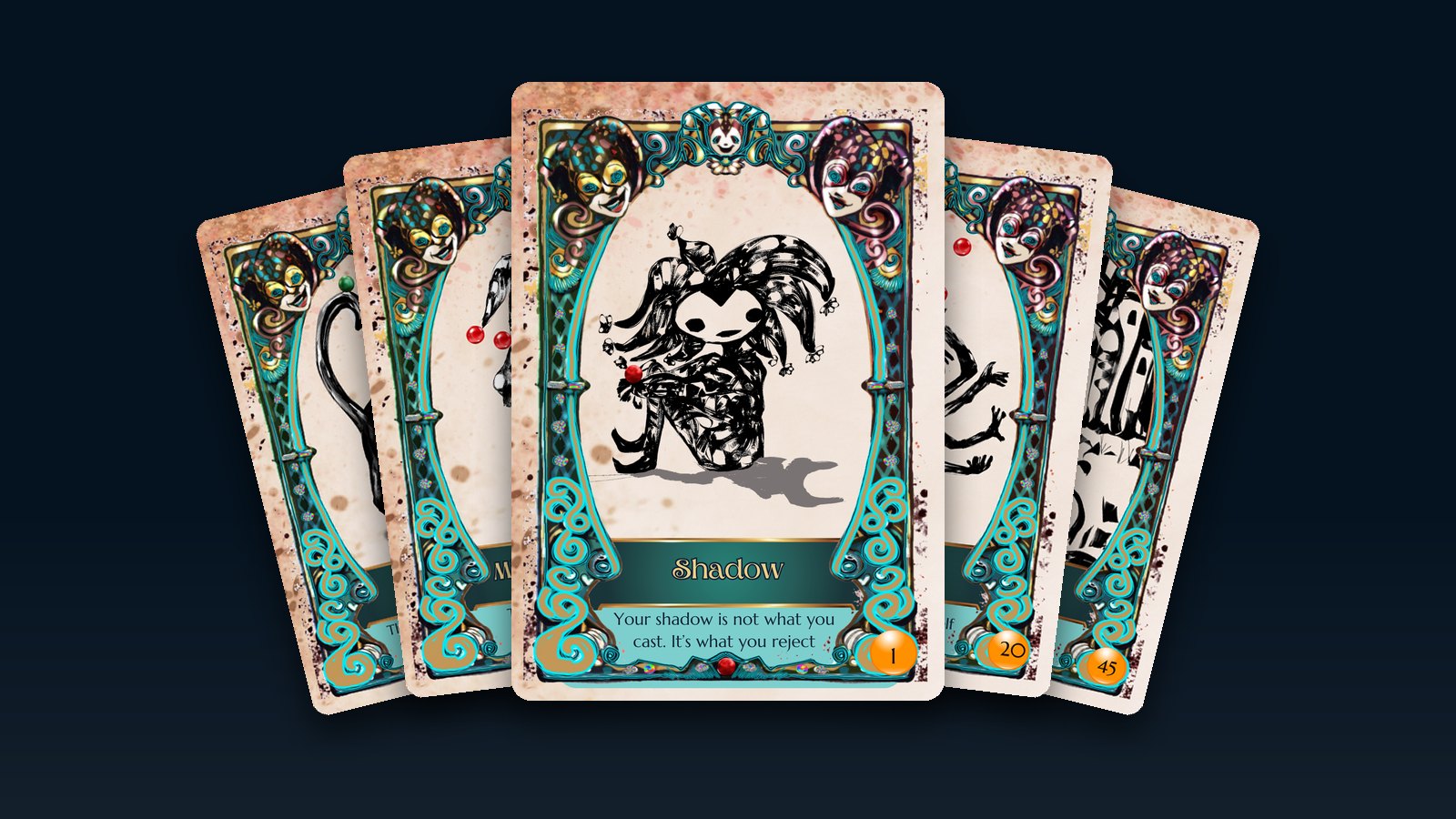 Five Unapologetic Oracle cards fanned, the jester's Shadow card in front
