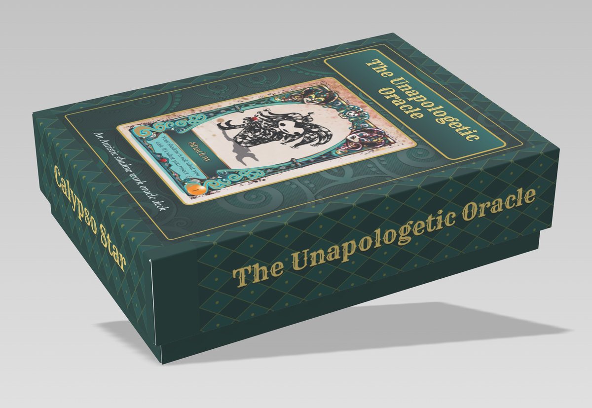 Mockup of the Unapologetic Oracle rigid two-piece box with the Shadow card on the lid