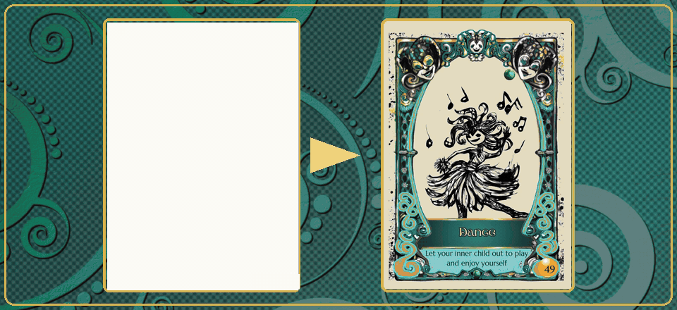 Replay of the dancing jester being drawn, beside the finished Dance card
