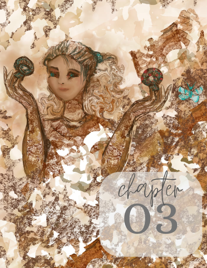 Chapter three opener: a figure holding two orbs, in sepia