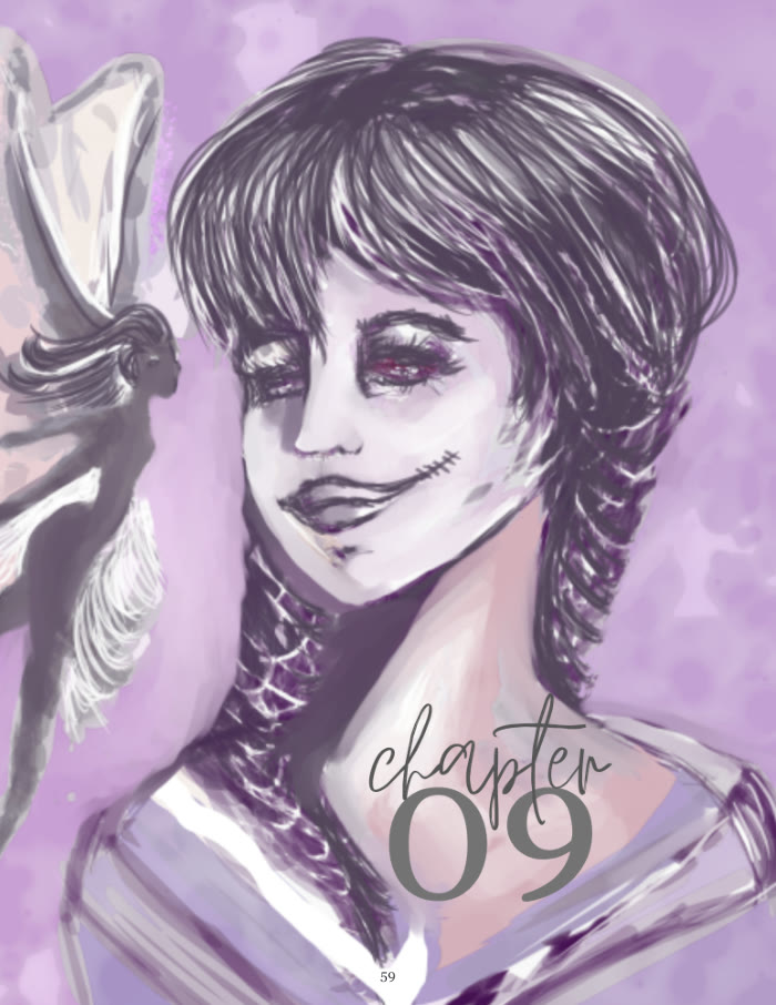 Chapter nine opener: a purple portrait with a painted-on smile