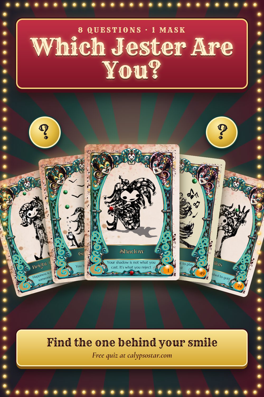 Which Jester Are You? Five hand-drawn cards from The Unapologetic Oracle fanned under a carnival sign.