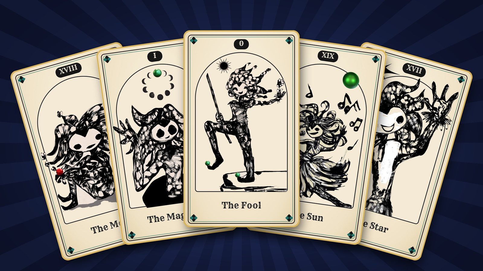 Five Unapologetic Tarot cards fanned: The Moon, The Magician, The Fool, The Sun and The Star