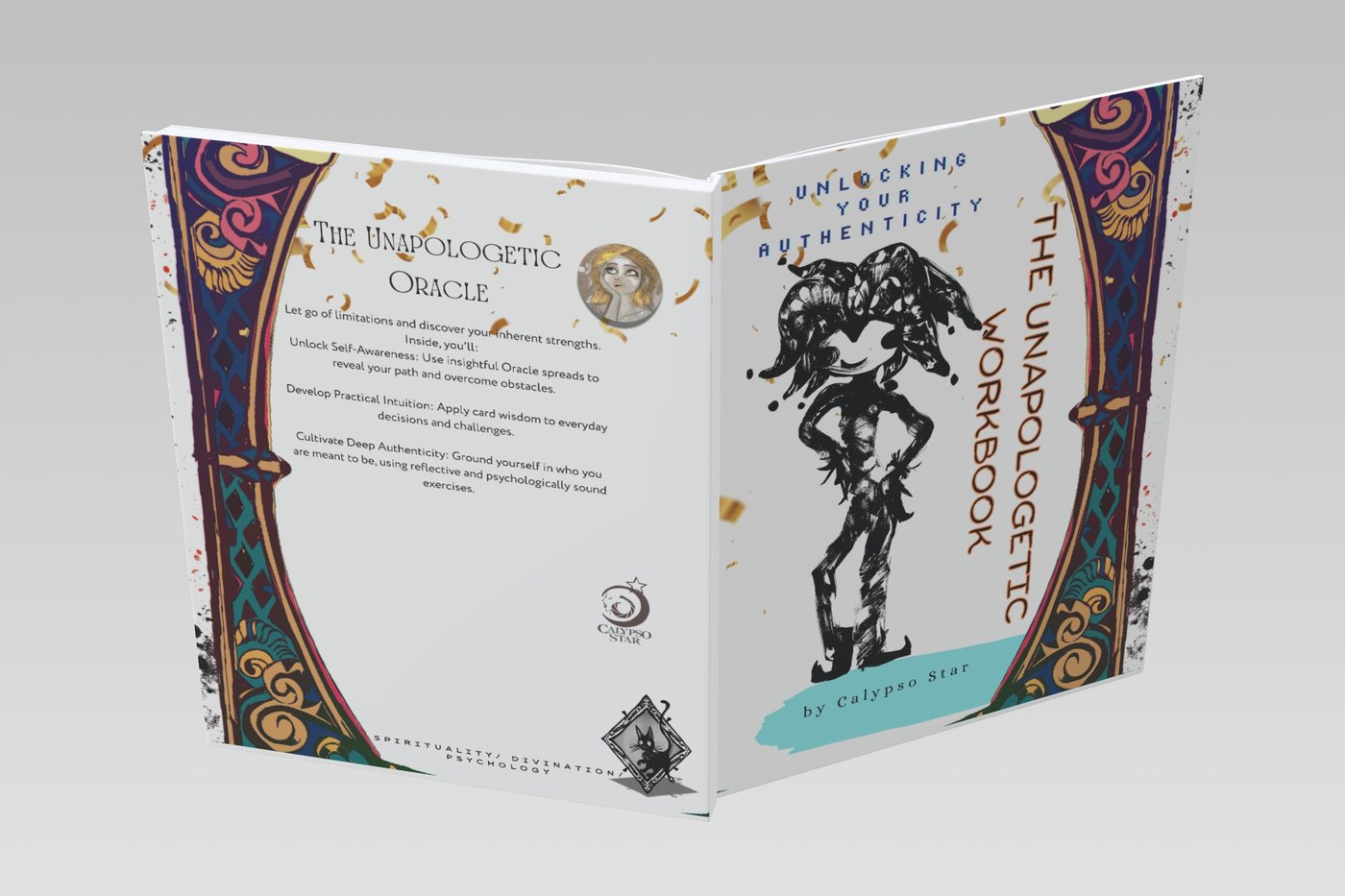 The Unapologetic Workbook hardback, front and back covers: the jester on the cover, Unlocking Your Authenticity, by Calypso Star