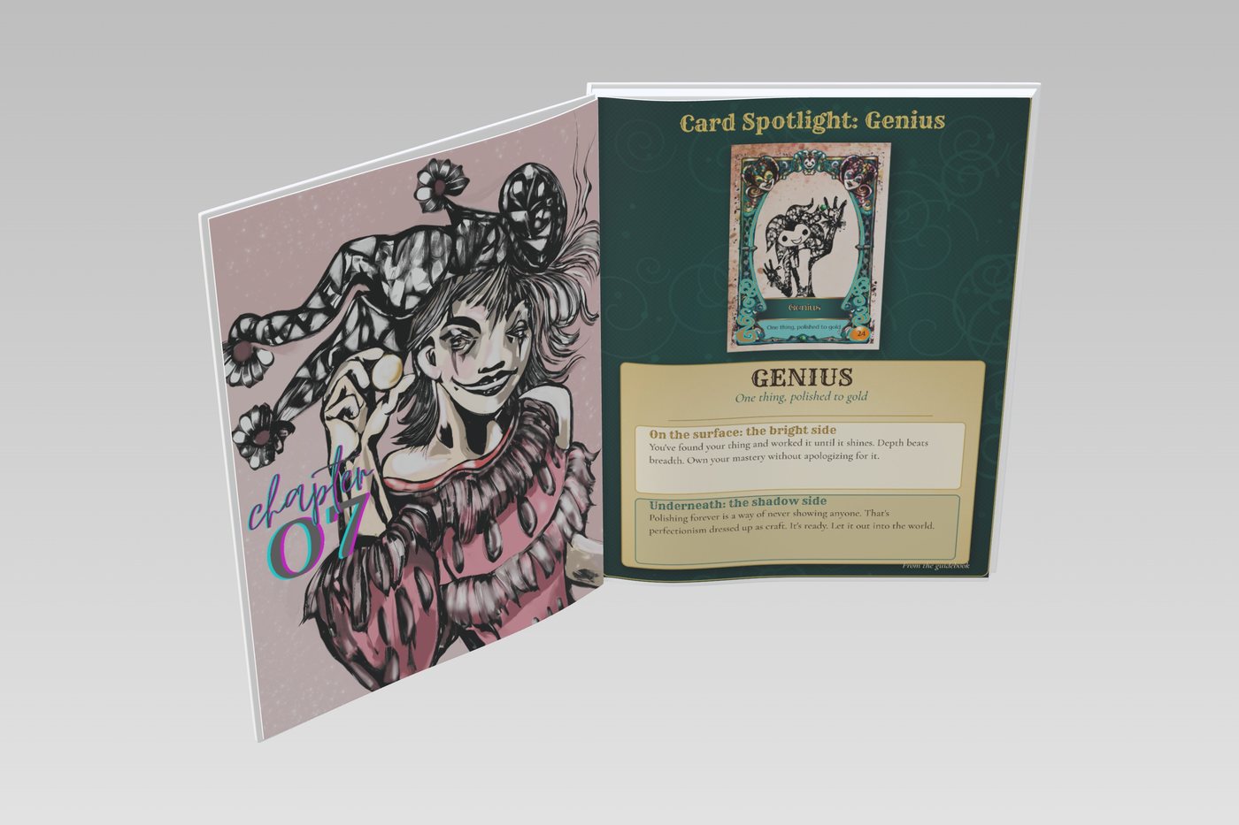 The workbook open on the Genius card spotlight page from the guidebook in the back