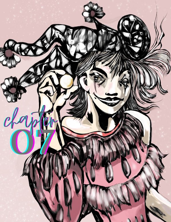Chapter seven opener: a grinning jester in pink holding a gold coin