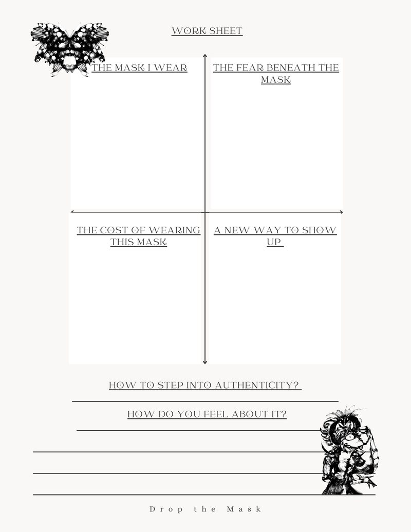 A Drop the Mask worksheet: the mask I wear, the fear beneath the mask, the cost of wearing this mask, a new way to show up